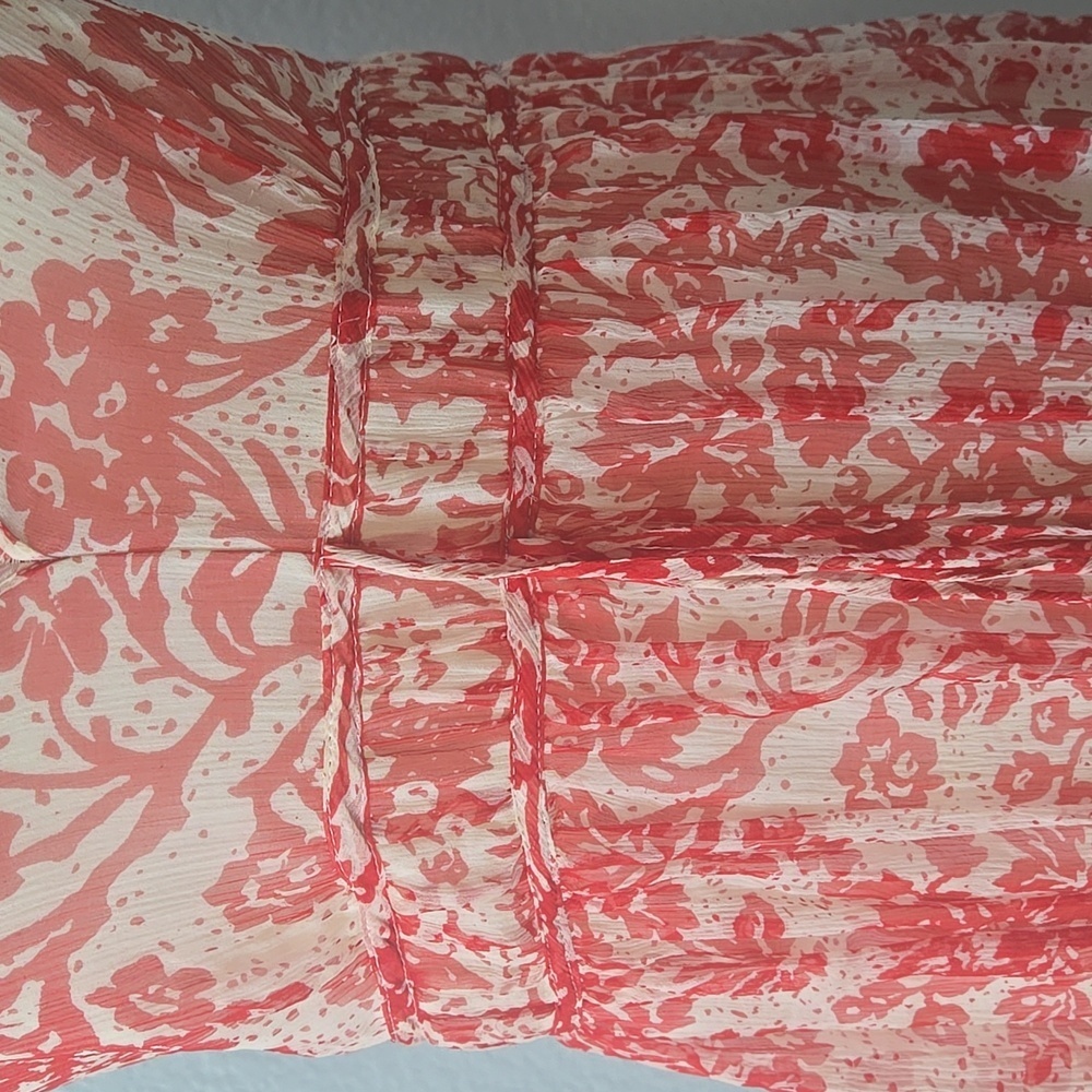 LAUNDRY BY SHELLI SEGAL Red Floral Midi Dress Ruched Waist Silk Sleeveless Sz 10 - Picture 3 of 13